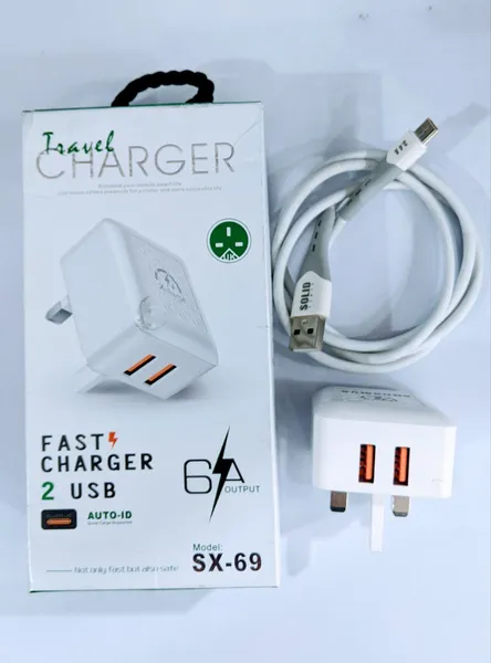 Travel Charger Fast Charging With 2USB Port Plus T C Data Cables 6A Output