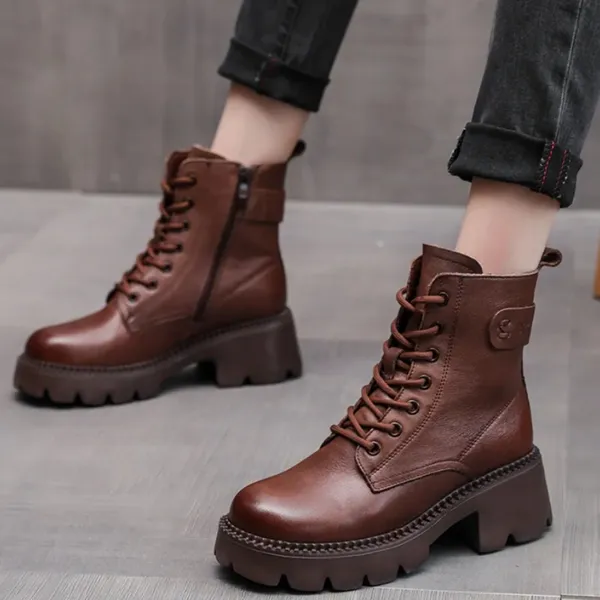 Genuine Leather Shoes Women Boots Zip Round Toe Flat With Handmade Concise Leisure Sewing Platform Boots