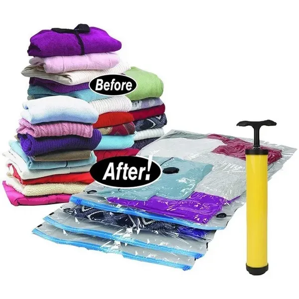 Smart Vacuum Storage Reusable (Free Pump) Seal Zip Lock Space Saver Bags Clothes Air Suction Compressed Bag (Pack Of 5) With Hand Pump For Travel