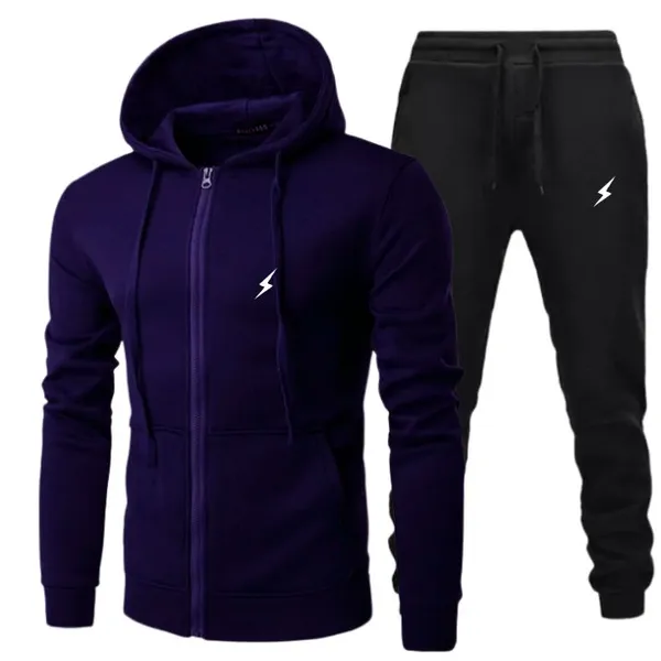 Flash Print Combo Sets Of Navy Blue Color Cotton Fleece Pullover And Black Joggers For Men