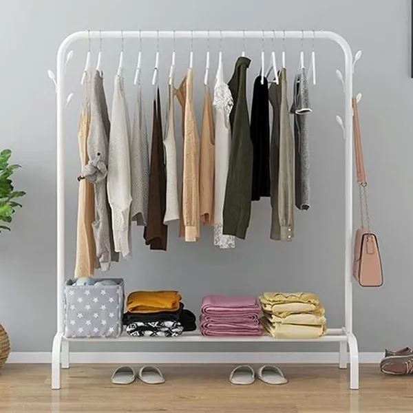 Metal Coat Rack And Clothes Hanger Stand With Side Hooks And Bottom Shelves (Requires Self Assembly) - Clothes Hangers  Cloth Stand, Cloth Rack Metal Clothe Hanging Single, Double Pole, Multishelves, Multipurpose Rack