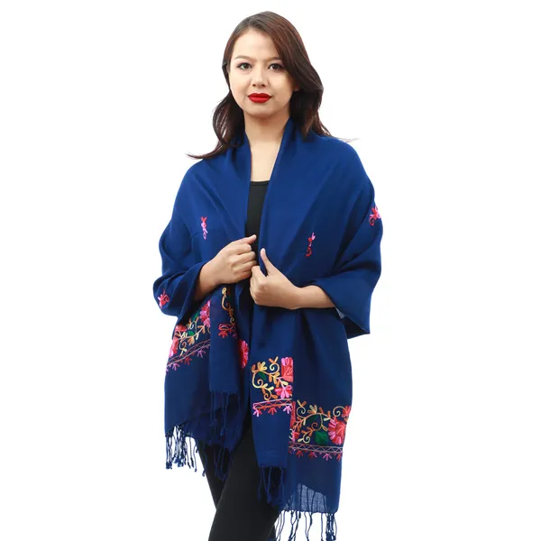 Blue Pashmina Border Embroidred Shawl For Women