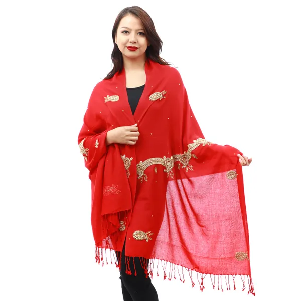 Red Pashmina Floral Embroidred Shawl For Women