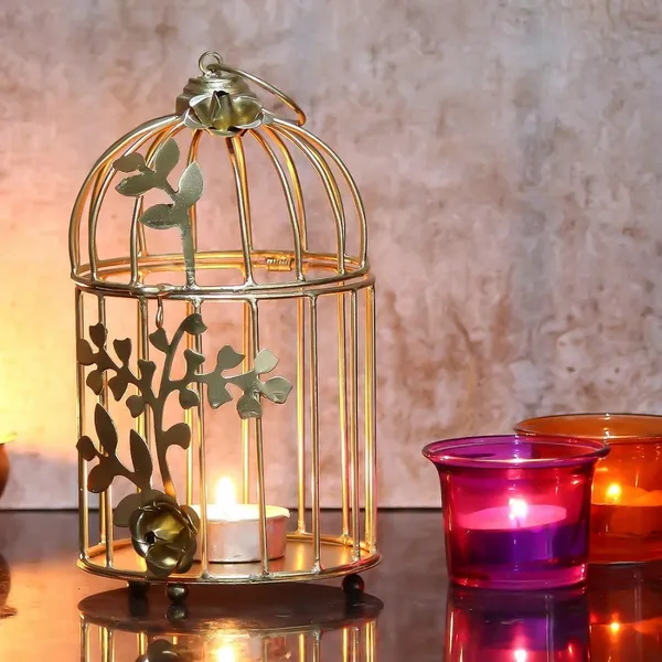 Gold Color Metal Iron Flower Cage Tea Light Holder