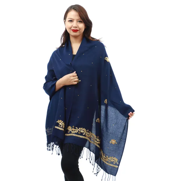 Blue pashmina Border Embroidred shawl For Women