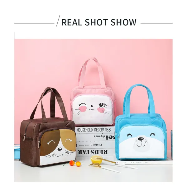 Cute Thermal Insulated Lunch Bags With Outer Zipper Pocket and Side Bottle Holder - Multicolor Lunch Bags