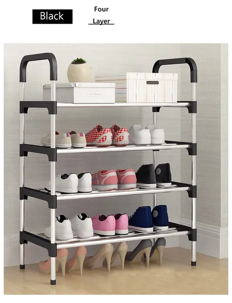 Stainless Steel Foldable Shoe Rack 4 Layers Size 60 cm x 30 cm x 80 cm (4 Layer, Black)