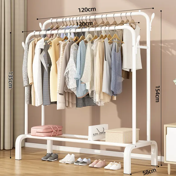 Double Rails Coat Rack And Clothes Hanger Stand With Two Side Hooks (150 x 110 x 57CM) Cloth Rack, Cloth Stand