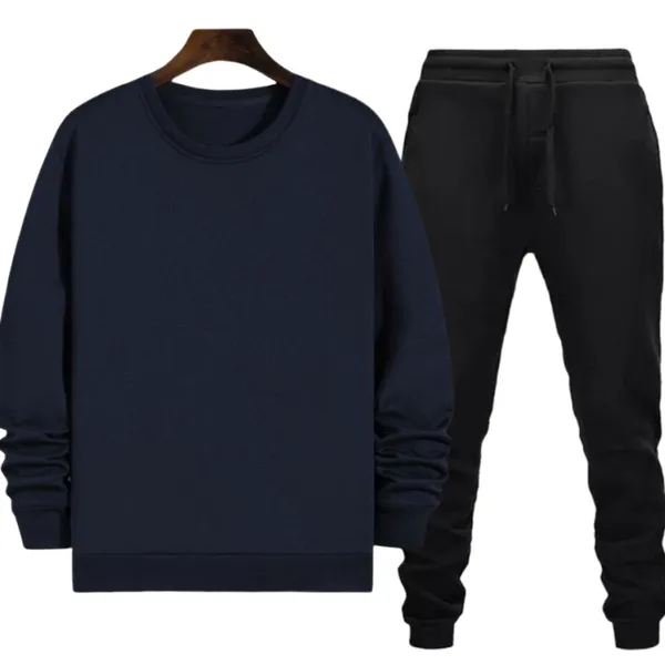 Combo Set Of Warm Cotton Fleece Plain Navy Blue Sweatshirt And Black Joggers For Men