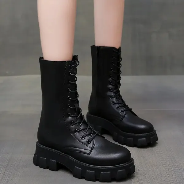 Women Fashion Lace-up Mid Calf Boots autumn Winter Ladies Chelsea Zipper Platform Heel Ladies Shoes Thickened Warm Boots