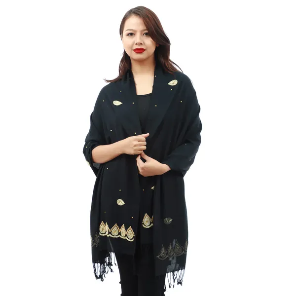 Black Pashmina Border Embroidred Shawl For Women