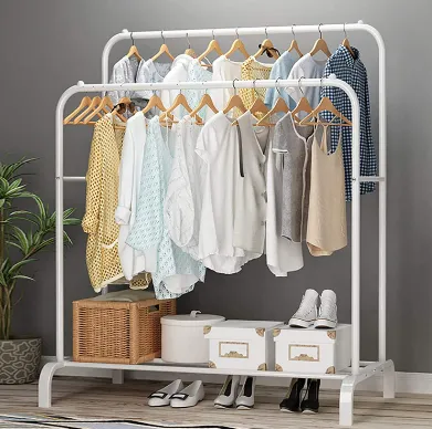 Double Railing and Hall shelves Heavy Duty Full Body Iron Coat hanger Rack With Hooks/ Double Pole Clothe Hanger Stand With Double Shoe Rack