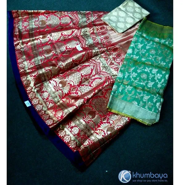 Red and Golden Design Lehenga with blue border