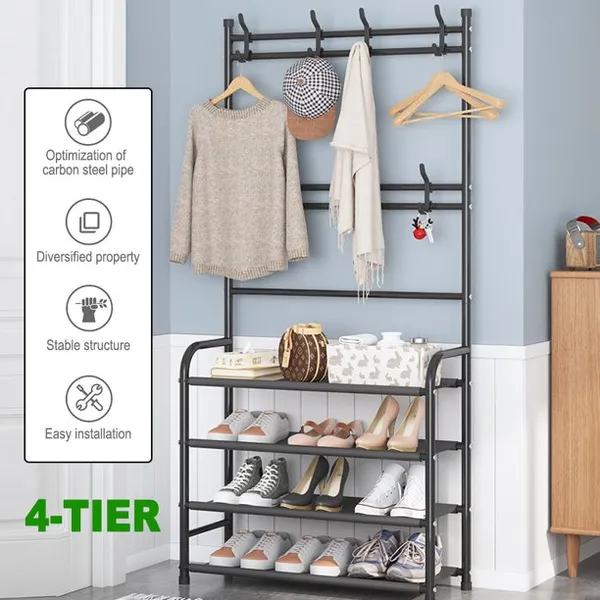 Hallway 2-in-1 Coat Rack Stand with 8 hooks and 4 layer Shoe shelves 80cm wide large sized