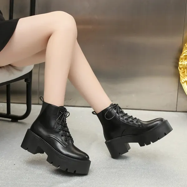 Women's Ankle Boots Zip Lace Up Square Toe Ladies Boots thick Bottom Non-slip High Heels Female Shoes Winter Footwear Fashion