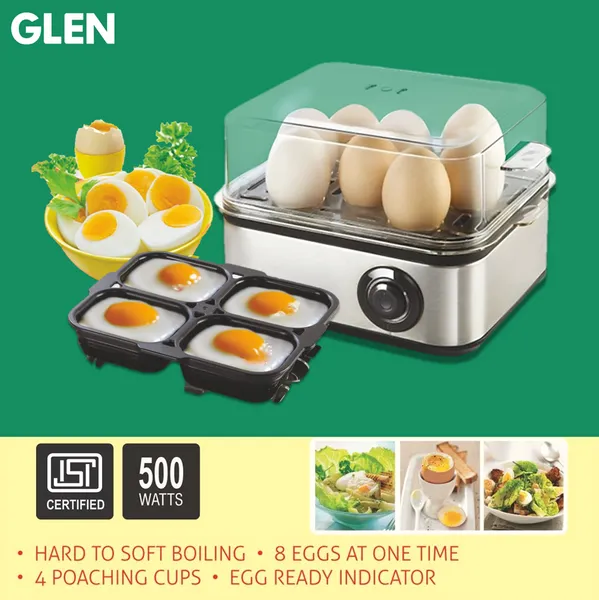 Glen Egg Boiler, Boils 8 Eggs, 4 Poaching Cups, Auto Shut Off-500W