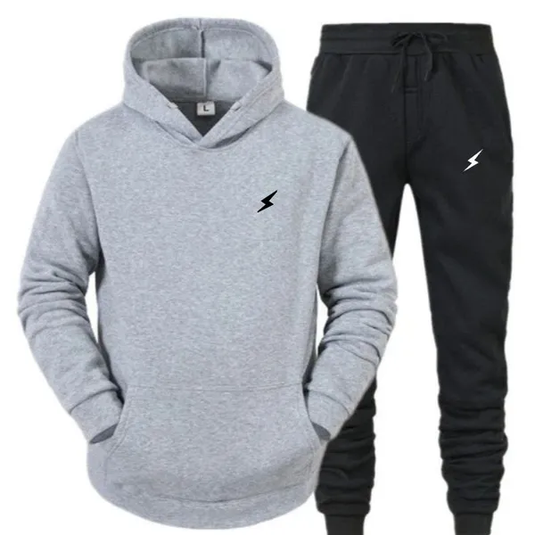 Flash Print Combo Sets Of Light Grey Hoodie And Black Joggers For Men