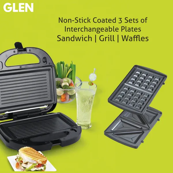 Glen Multi Snack Maker With 3 Sets of Sandwich, Grill & Waffle Non-Stick Plates 750W