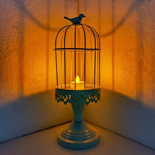White Cage Designed Candle Pillar Stand