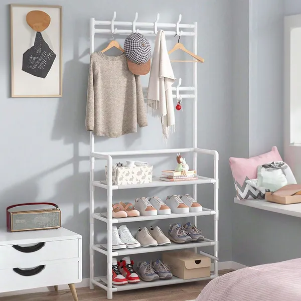 Multifunctional 2-in-1 Hallway Rack Stand with 8 Hooks 5 layers Shoe Shelves - Easily Portable Shoe Racks 80cm