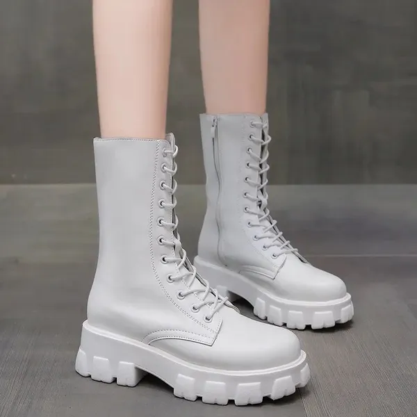 Women Fashion Lace-up Mid Calf Boots Autumn Winter Ladies Chelsea Zipper Platform Heel Ladies Shoes Thickened Warm Boots