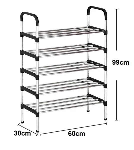 Stainless Steel Foldable Shoe Rack 5 Layers Size 60 cm x 30 cm x 99 cm (5 Layer, Black)