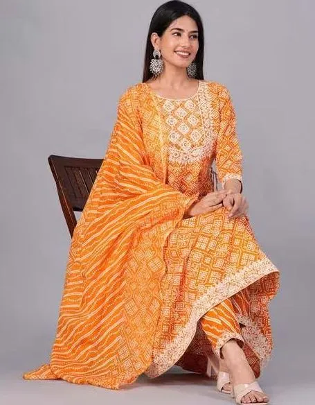 Bandhani Print Flared Kurta with Pants & Dupatta