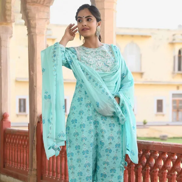 Blue Flower Printed Kurti For Women With  Pant And Shawl Set From Aamayra Fashion House