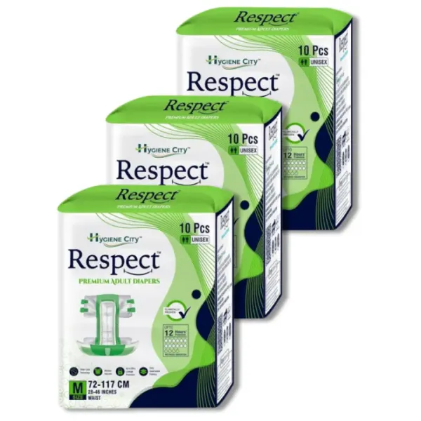 RESPECT M Premium Adult Tape Diaper for Unisex (Medium - 30 Count, 28-46 Inches) Pack of 3