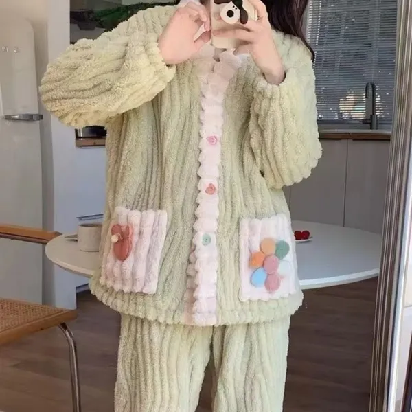 Winter Warm Flannel Women Pajamas Sets