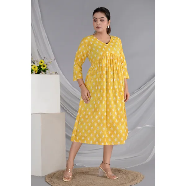 Fancyra Women Long Sleeve One Piece Frock Dress Cotton Printed
