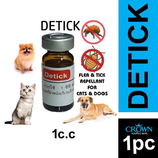 Detick – Solution For Scabies, Fungal, Lice, Flea, Ticks For Pets Cats & Dogs (1cc) by Crown Aquatics