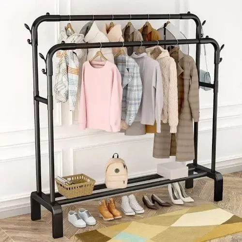 Coat Rack And Clothes Hanger Stand With Side Hooks And Bottom Shelves Heavy Duty Full Body Iron Coat Rack Clothes Hangers |