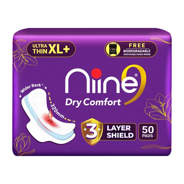 Niine Dry Comfort Ultra Thin XL+ Sanitary Napkins with 3 Layer Shield for Heavy Flow, Pack of 50, Free Disposable Bags, Rash-Free & Leak-Proof Protection