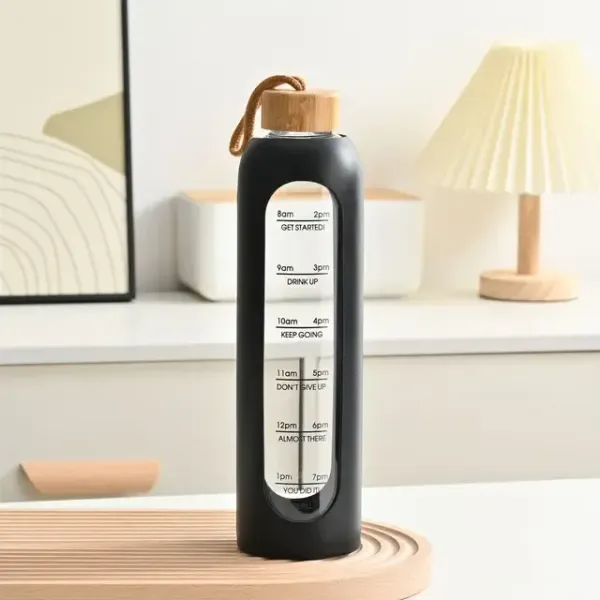 Motivational Borosilicate Glass Water Bottle With Time Markers & Inspirational Quotes – Leak-Proof, BPA-Free, Reusable 1000ml Bottle With Silicone Sleeve And Bamboo Lid