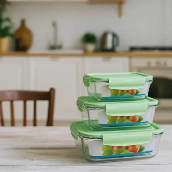 Microwave Borosilicate Glass Container Bowl Storage Pot with BPA Free Air Vent Plastic Lid Set Of 3 Pcs 400 ml 700 ml 1040 ml Transparent 3 in 1 (SQUARE)