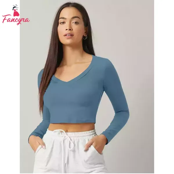 Fancyra V Neck Long Sleeve Stylish Crop Top T-Shirt For Women
