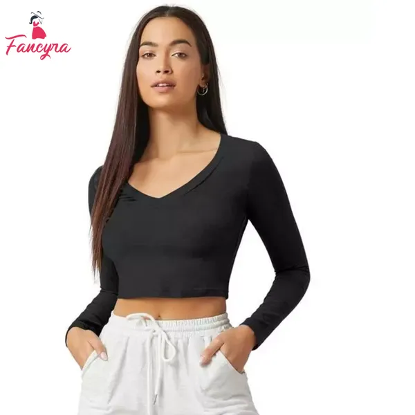 Women Long Sleeve V Neck Stylish Crop Top  T-Shirt