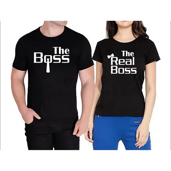 Couple T-Shirt Black The Real Boss Printed For Men & Women
