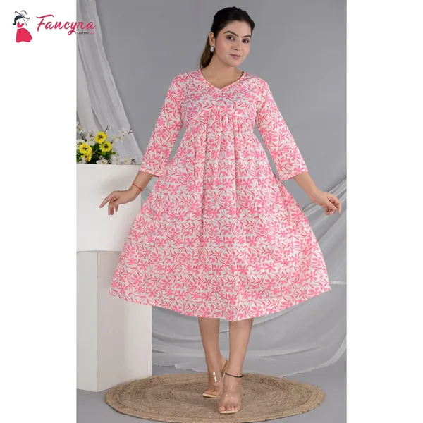 Fancyra Long Sleeve One Piece Frock Dress Cotton Printed For Women