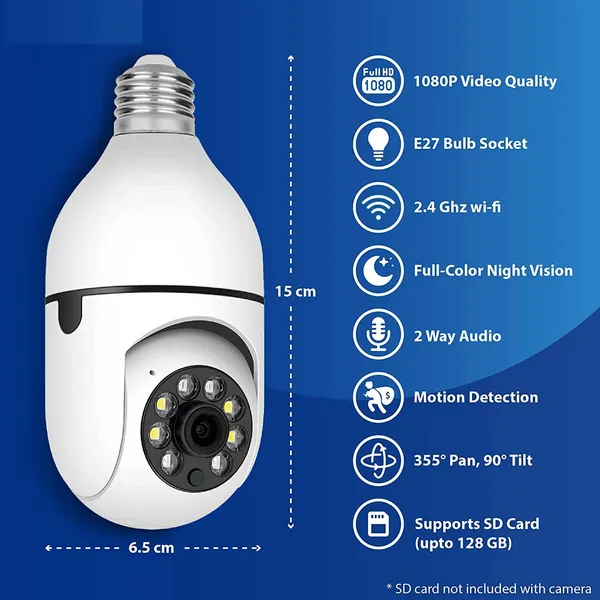 Wireless Bulb Security Camera,E27 Security Bulb Camera , Ptz Hd Infrared Night Vision Two Way Talk Baby Monitor Auto Tracking For Home Security