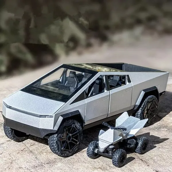 Diecast Metal Tesla Cyber Truck Pickup with Motorcycle For Deco and Gifts