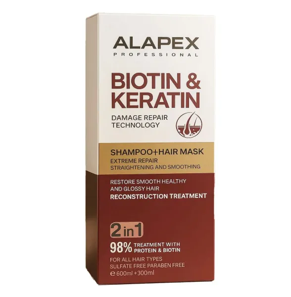 Alapex Biotin and Keratin Damage Repair Technology Shampoo and Hair Mask - 2 in 1 (600+300) ML