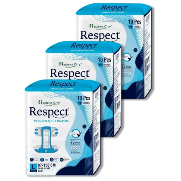 RESPECT L Premium Adult Tape Diaper for Unisex (Large - 30 Count, 38-59 Inches) Pack of 3