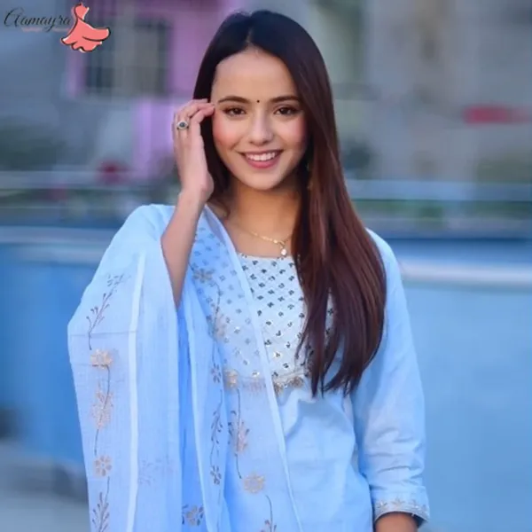Sky Blue Straight Kurti With Pant And Shawl Set For Women From Aamayara Fashion House - Fashion | Kurta For Women