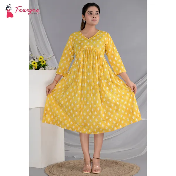 Fancyra Long Sleeve One Piece Frock Dresses Cotton Printed For Women