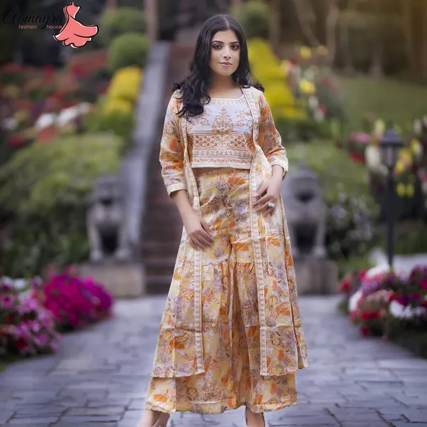 Multicolor Printed Long Outer With Short Sleeveless Inner And Garara Set For Women From Aamayra Fashion House