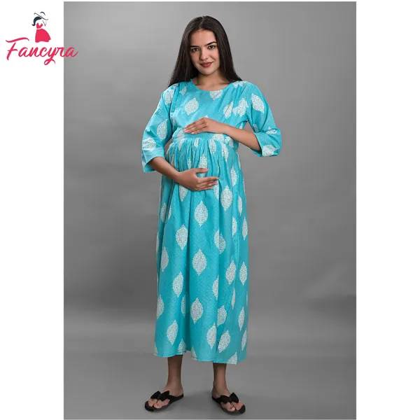 Fancyra Women Cotton Printed Nightwear Maxi Maternity Pregnancy Dress