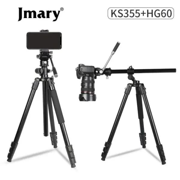 JMARY KS355+HG60 Professional Tripod with 2-in-1 Monopod & Horizontal Axis - 185cm Heavy Duty Aluminum Stand with 360° Ball Head for DSLR, Camera & Mobile Phone Overhead Shooting