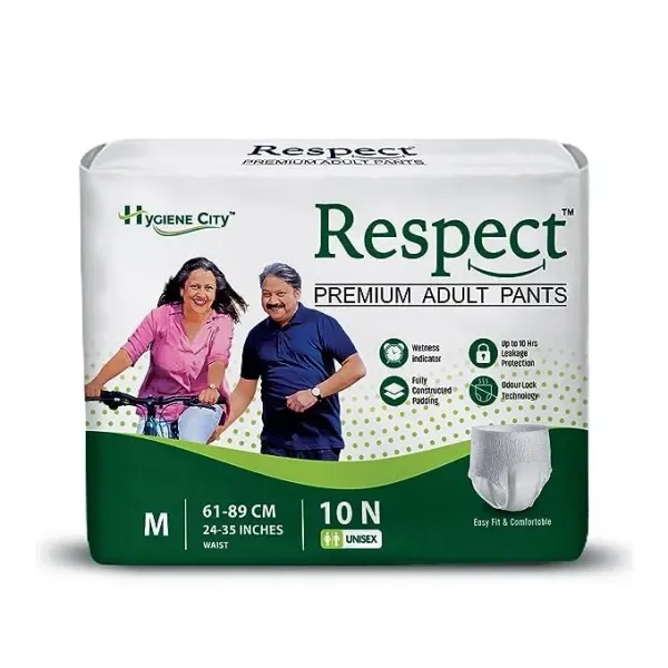 Respect Medium Adult Diaper Pants Style for Unisex with Wetness Indicator (Medium - 10 Count, 24-35 Inches)